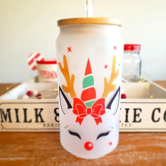 Unicorn reindeer frosted glass cup includes lid and glass straw - Picture 1 of 6